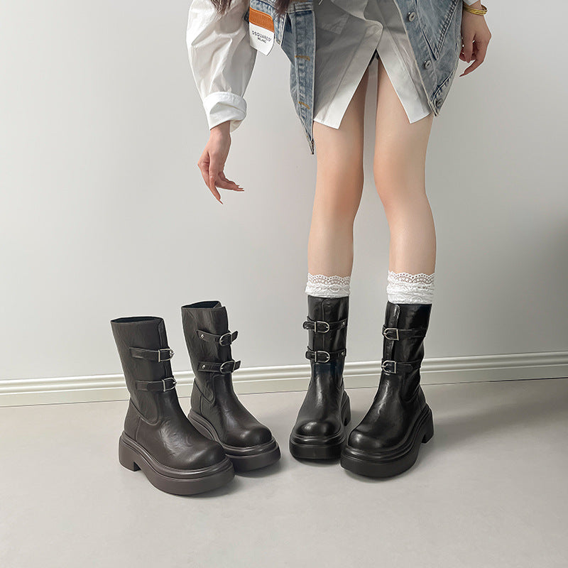 Women's Retro Belt Buckle Platform Height Increasing Knight Ankle Women's Leather Boots
