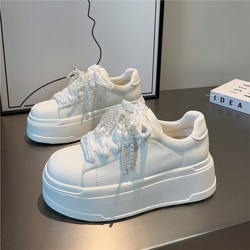Women's White Trendy Bow Pearl Chain Platform Height Women's Casual Shoes