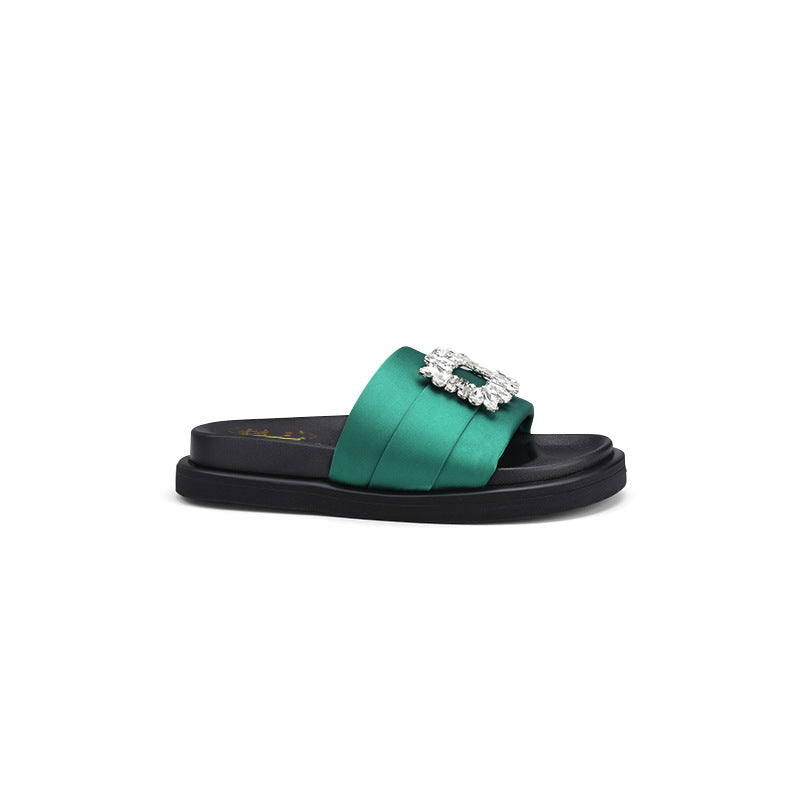 Women's Square Buckle Outdoor Open Toe Double Ring Flat Slippers