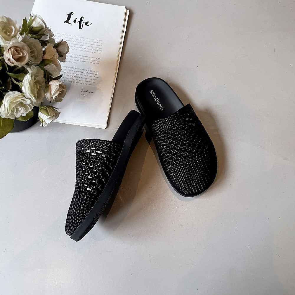 Bottom Hand-woven Half Miss Closed Toe Breathable Hollow Mesh Slippers