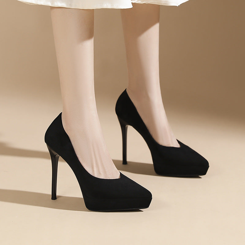 Women's Low-cut Wedding Banquet Pointed Stiletto Suede Platform Heels