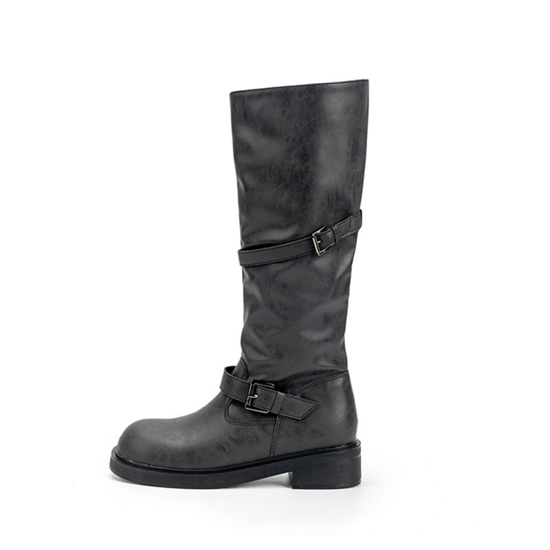 Women's Double Buckle For Round Toe Tube Western Long Female Boots
