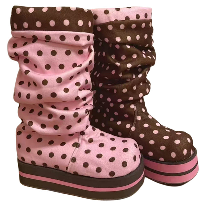 Chocolate Pink Polka Dot Muffin Platform Pleated Length Loose Socks Women's Snow Boots
