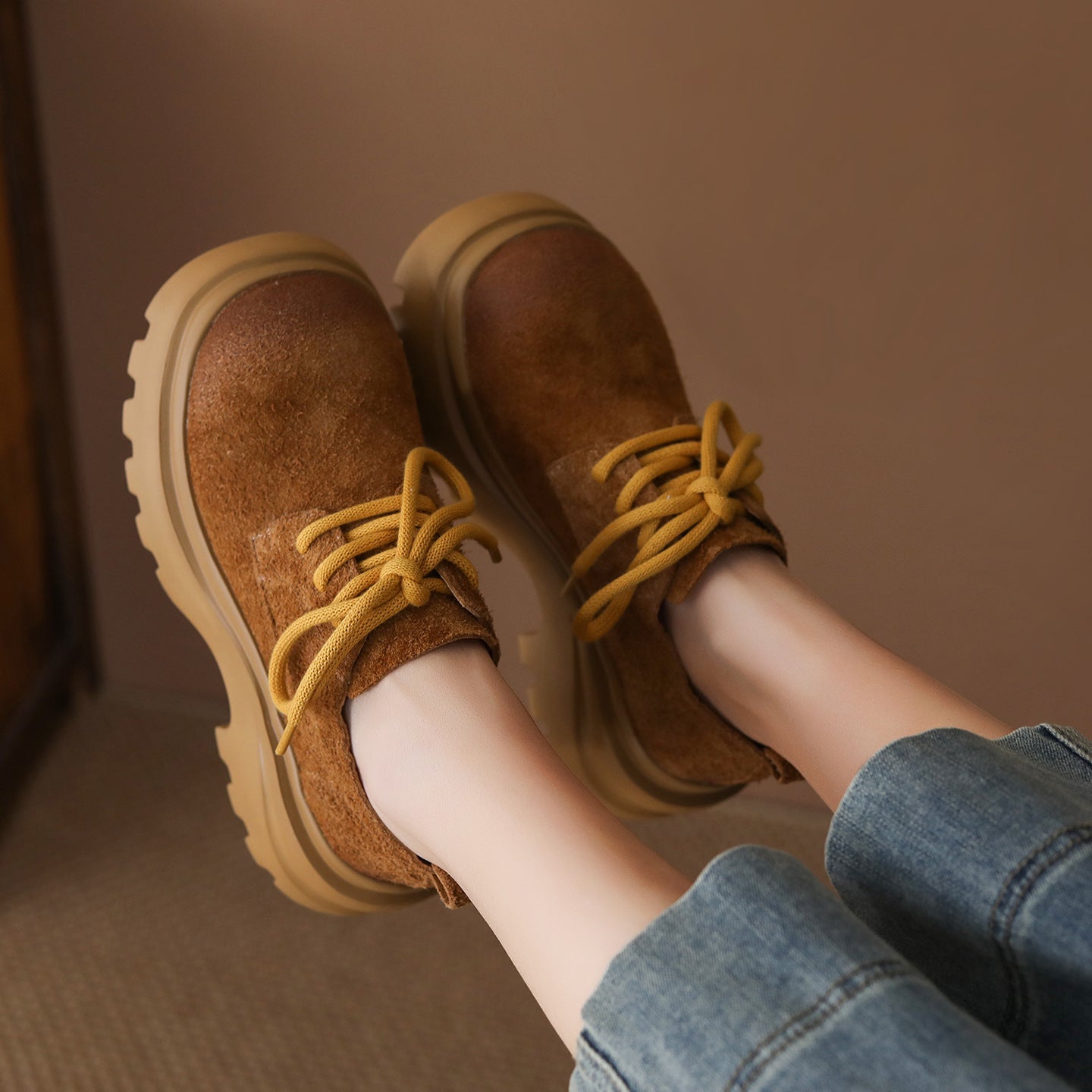 Women's Layer Cowhide Spring Retro Round Head Thick Bottom Women's Casual Shoes