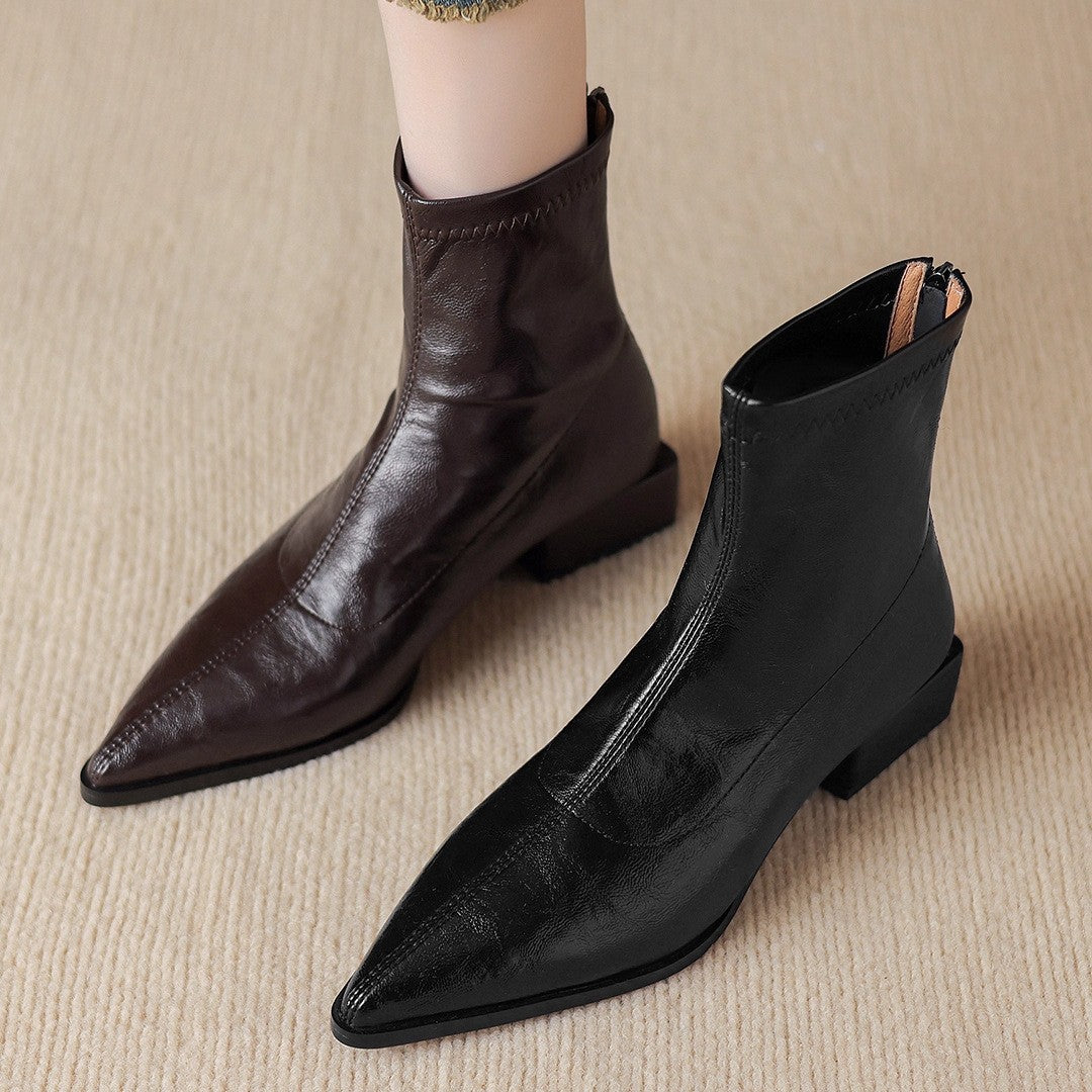 Women's Low Brown Stretch Thin Short Retro Women's Leather Boots