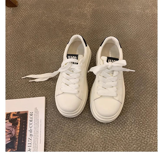 Women's Thick Bottom Height Increasing White Preppy Sneakers