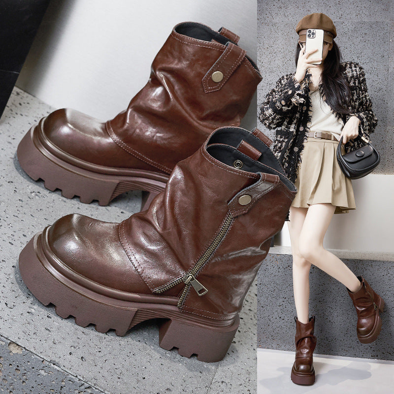 Women's Slip-on Mid Short Height Increasing Insole Women's Leather Boots