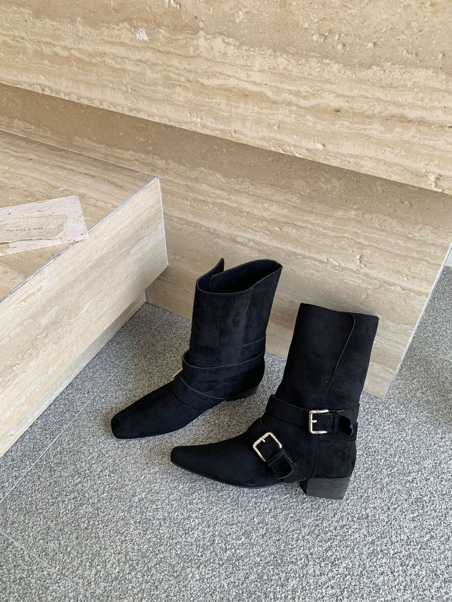 Women's Chunky Vintage Suede Thin Booties Knight French Belt Men's Shoes