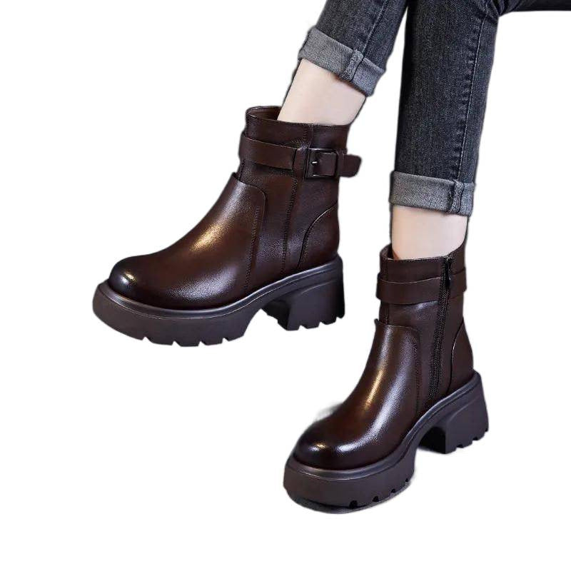 Women's Platform Martin Small High Side Zipper Short Belt Buckle Women's Leather Boots