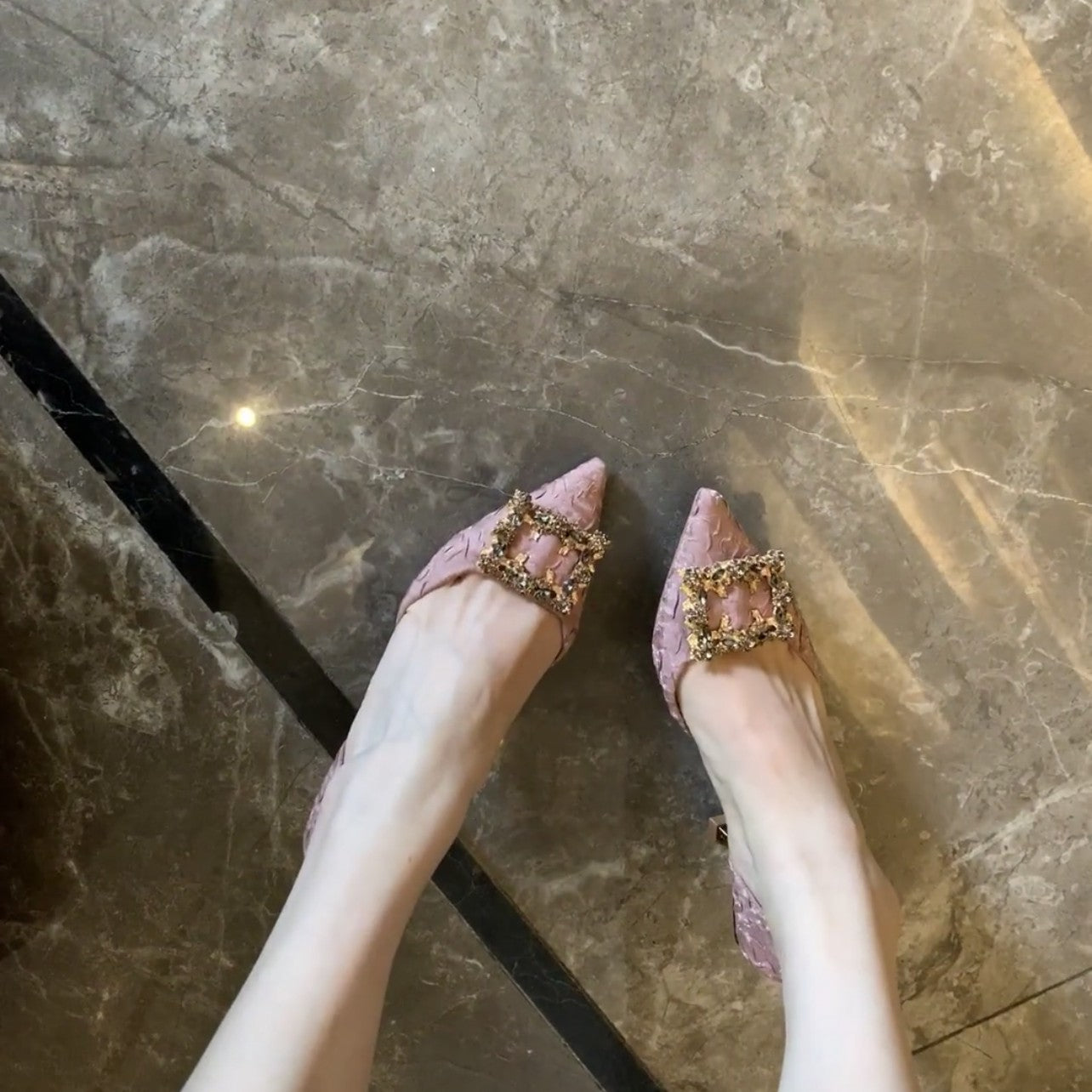 Women's Satin Square Buckle Rhinestone Pink High Heels