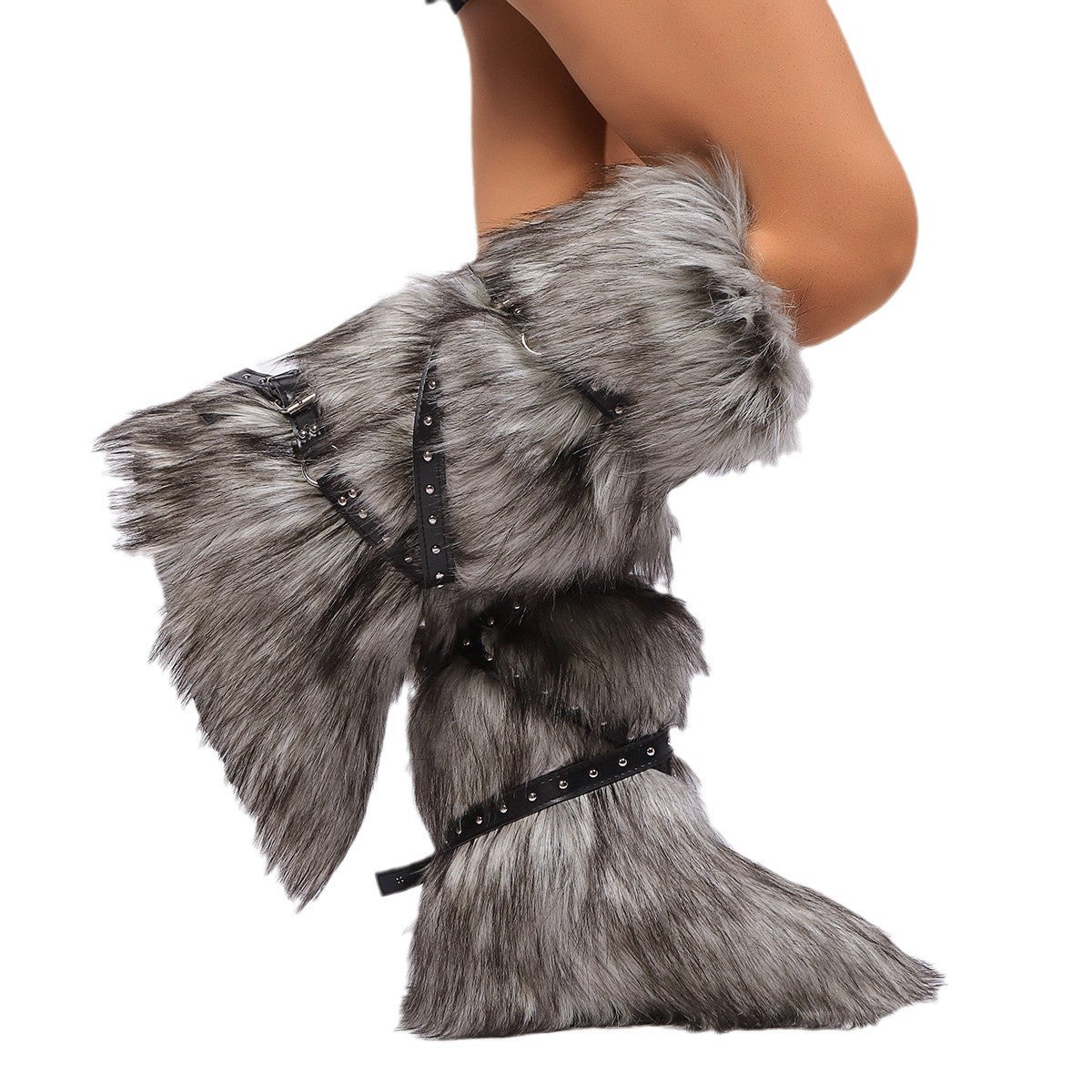 Asian Culture Belt Buckle Plush Hot Rivet Fur Large Women's Snow Boots