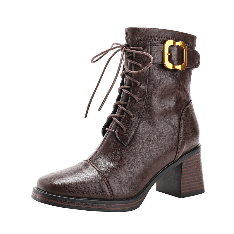 Women's Booties High Platform Martin Thick Gold Buckle Short Heels