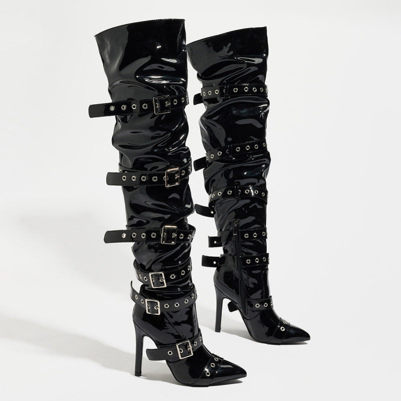 Women's High Zipper Over The Knee Pointed Willow Ding Knight Belt Heels