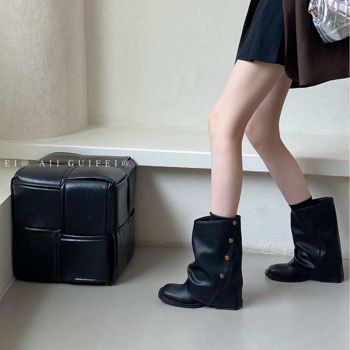 Women's Tax-free Chunky Short High Tube Pants Women's Leather Boots