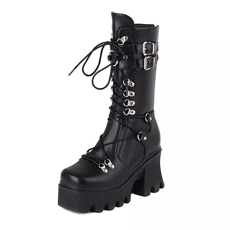 Women's Rivet Lace Up Chunky For Plus Boots