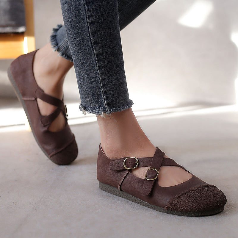 Women's Round Toe Soft Bottom Surface Cross Buckle Casual Shoes