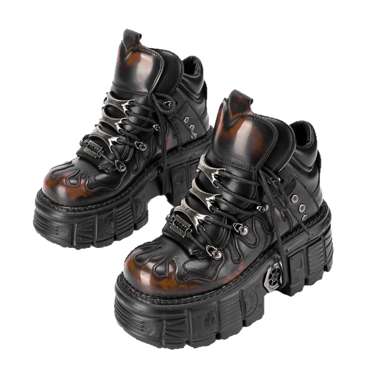 Women's & Men's Dark Platform Thick Bottom Punk Metal Heightened Single Layer Motorcycle Women's Leather Boots