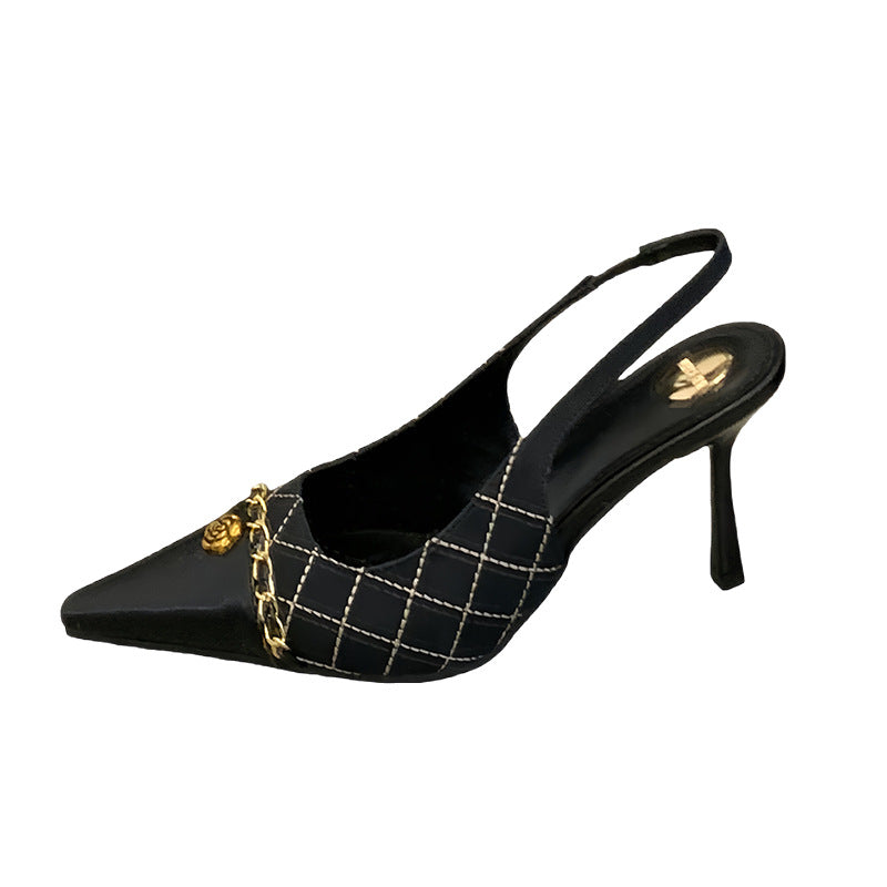 Women's Closed Toe Stitching Classic Style Stiletto Metal Chain Camellia High Heeled Sandals
