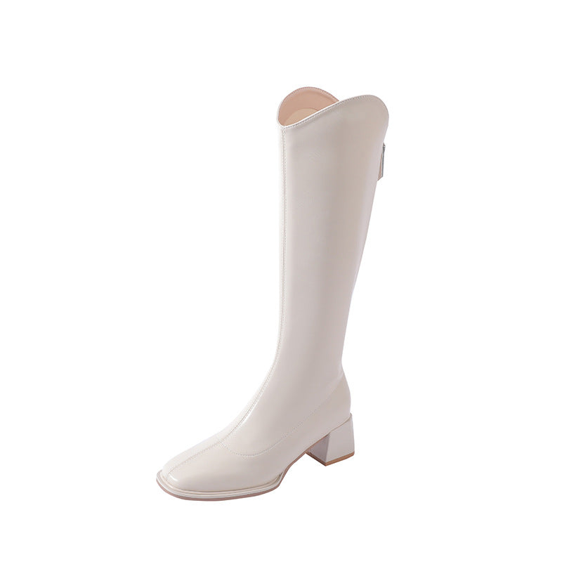 Square Head Knight Chunky Long Female Women's Leather Boots