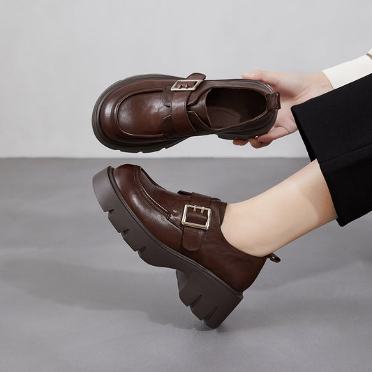 Women's British Retro Platform Spring Black Velcro Deep Mouth Belt Women's Casual Shoes