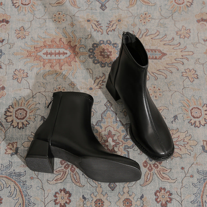 Women's Chunky Martin Simple Square Toe High Slimming Women's Leather Boots
