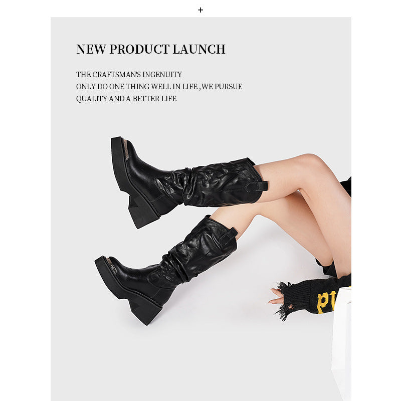 Women's Thick-soled Pile Style Embroidered Metal Height Increased Small Boots