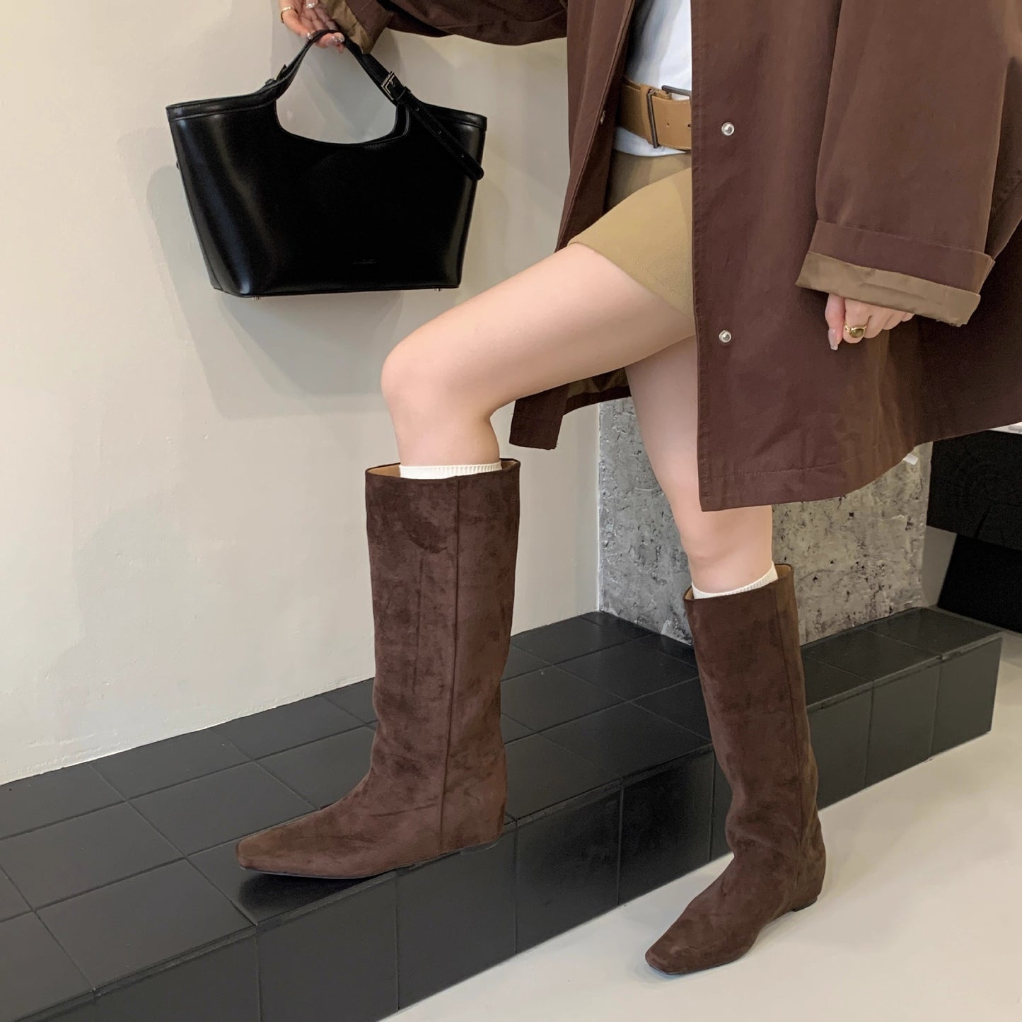Women's Height Increasing Insole Retro Below The Knee Women's Leather Boots