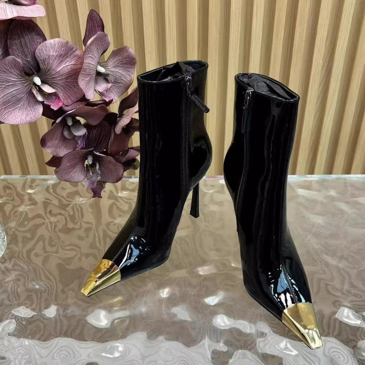 Women's Pu Pointed Toe Black High-heeled Short Stiletto Not Tired Feet Women's Leather Boots