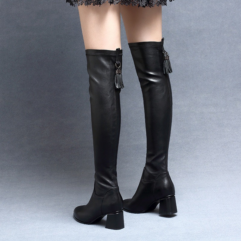Women's Over The Knee Back Zipper Stretch Cowhide Pointed Women's Leather Boots