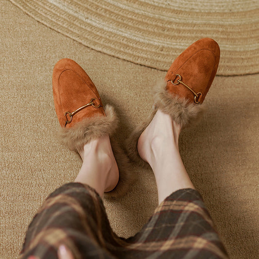Women's Fluffy Sheep Split Rabbit Fur Winter Outer Wear Closed Toe Flat Slippers