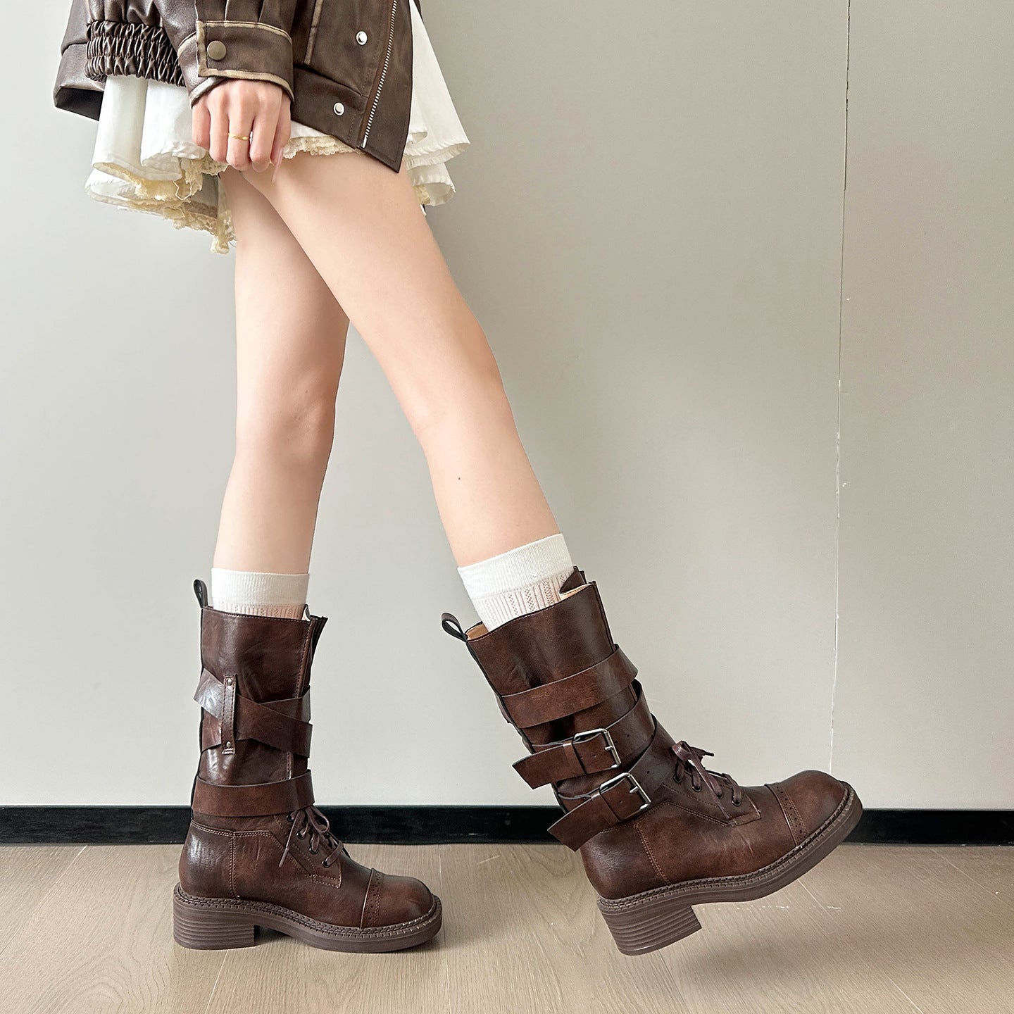 Women's Retro British Style Martin For Summer Chunky Belt Buckle Booties Women's Leather Boots