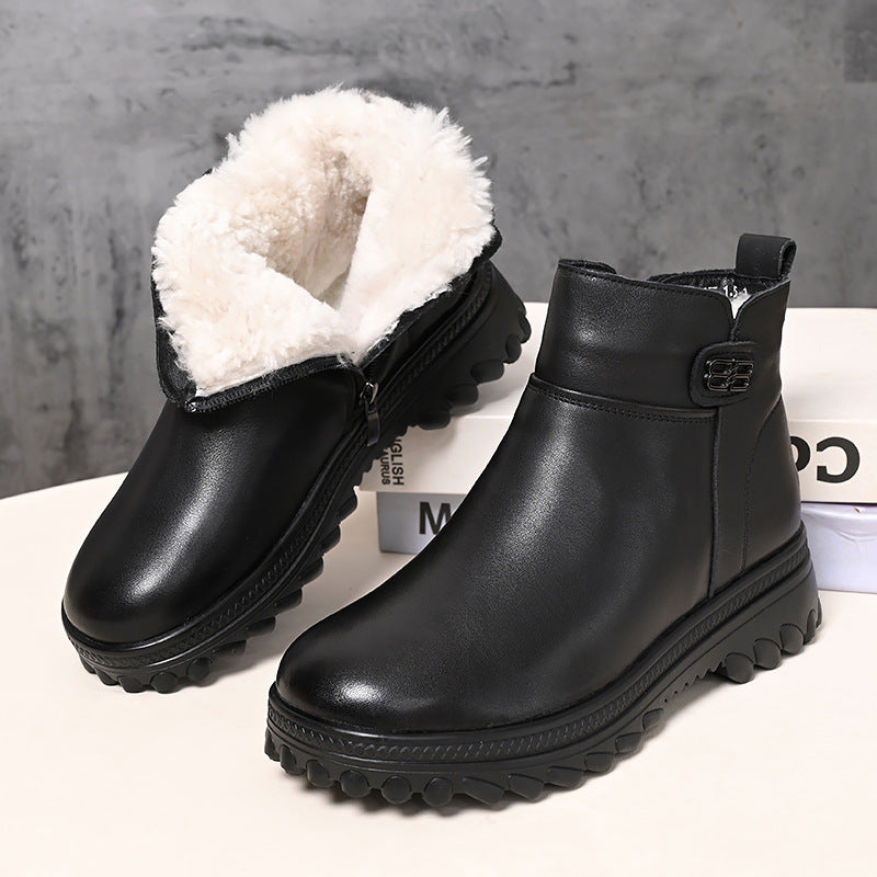 Women's Wool Fleece-lined Thick Top Layer Cowhide Snow Boots