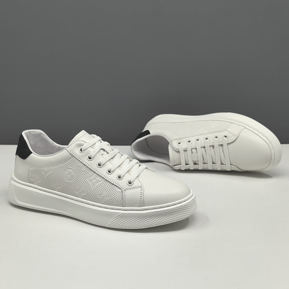 Men's Cowhide Easy Wear Thick Bottom Breathable White Men's Board Shoes