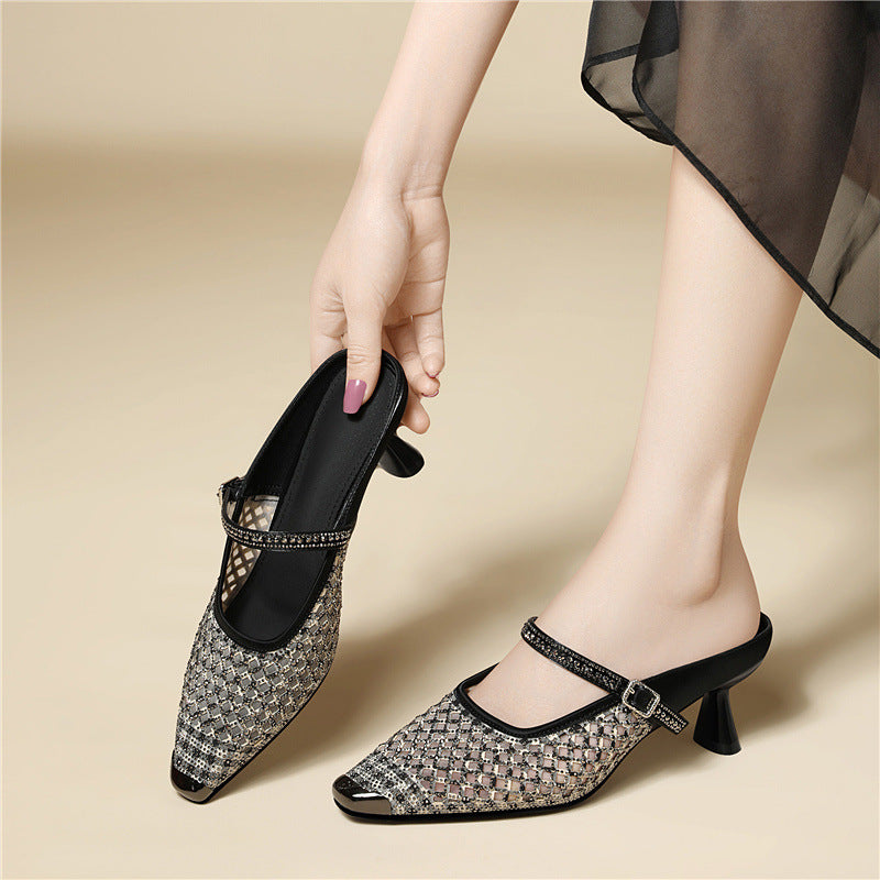 Jane Elegant High-grade Muller Rhinestone Mesh Slippers