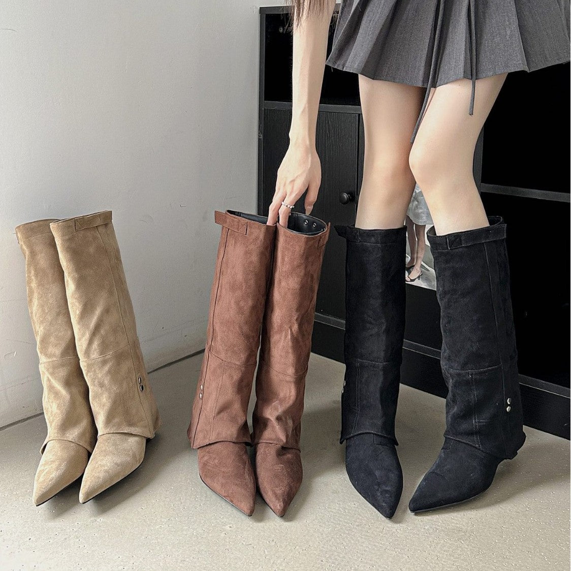Pointed Toe Suede Long Pants Slim Women's Leather Boots