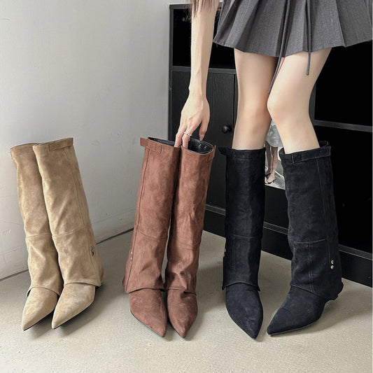 Pointed Toe Suede Long Pants Slim Women's Leather Boots