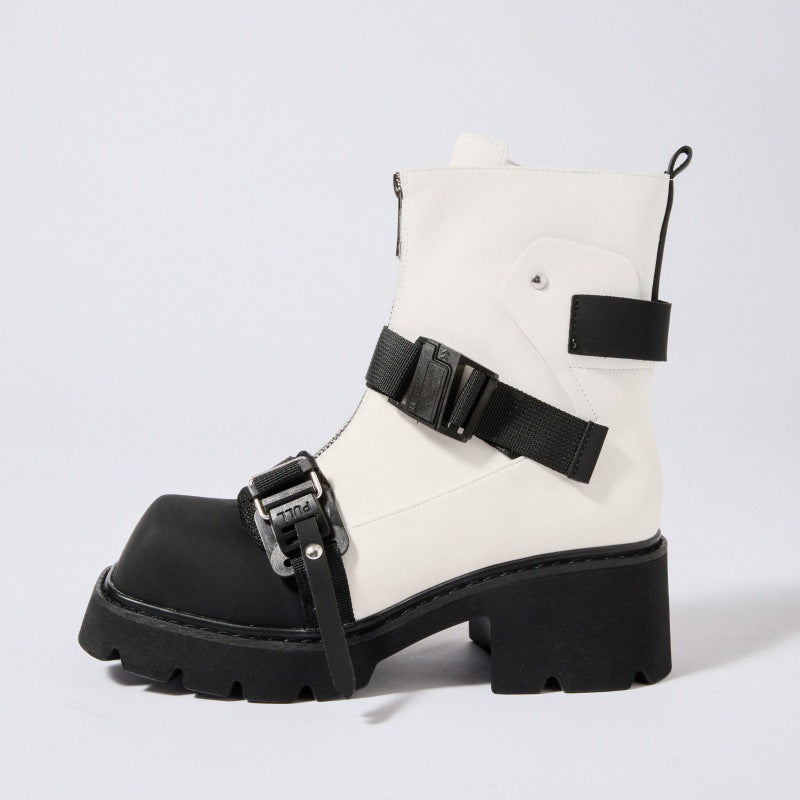 Square Toe Niche Black Warrior Mobile Thick Bottom Chunky Martin Women's Leather Boots