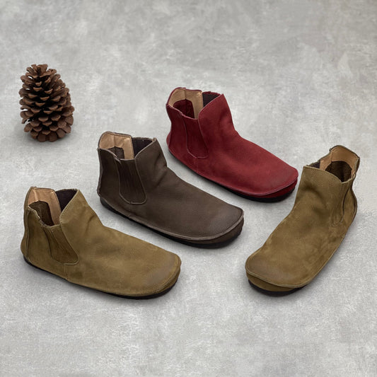 Women's Genuine Cowhide Round Toe Stitching Elastic Strap Flat Retro Short Women's Leather Boots