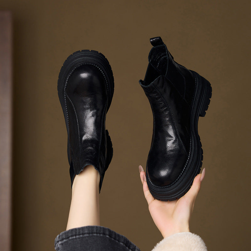 Women's Height Increasing Chelsea Booties Round Toe Vintage Slimming Women's Leather Boots