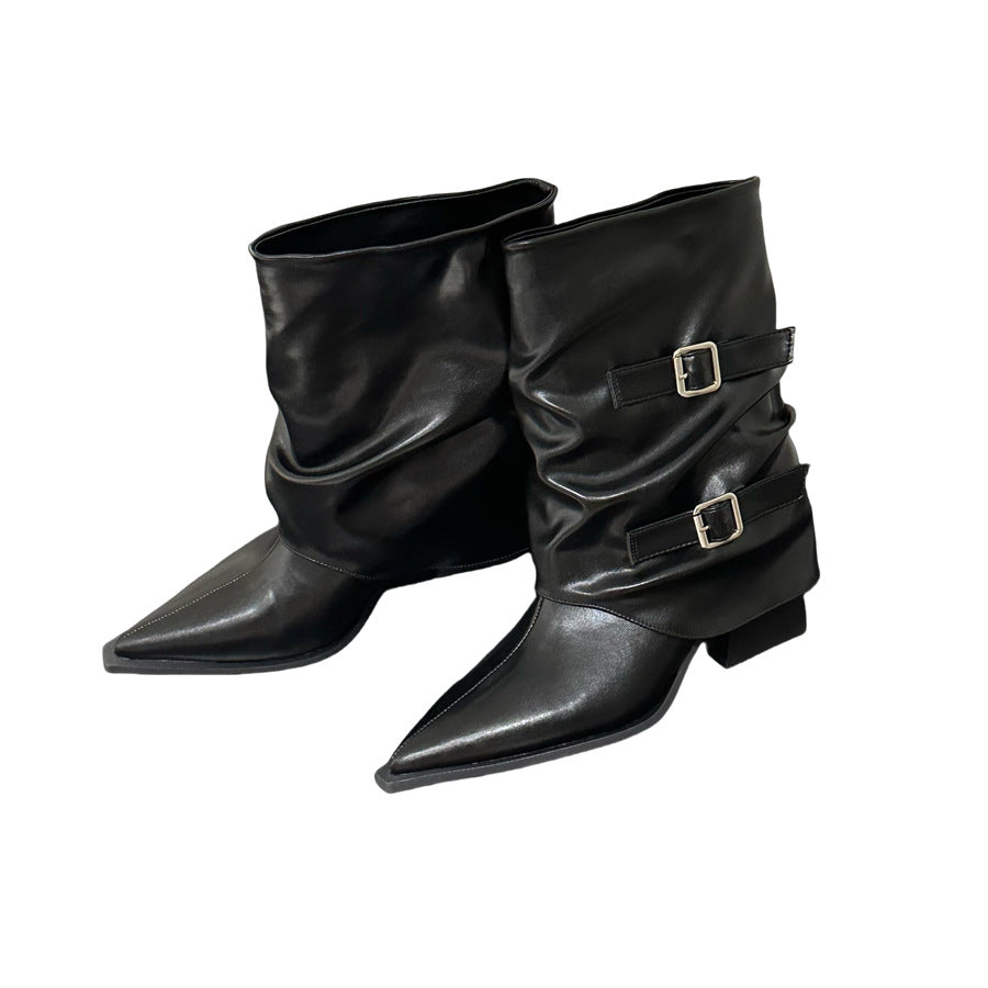 Women's Skinny For Thick Pleated Pile Style Women's Leather Boots