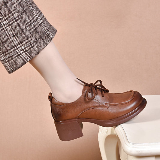Women's Round Head Chunky Small Spring Full Grain Cow Preppy Loafers