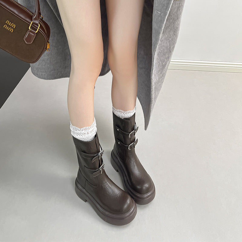 Women's Retro Belt Buckle Platform Height Increasing Knight Ankle Women's Leather Boots