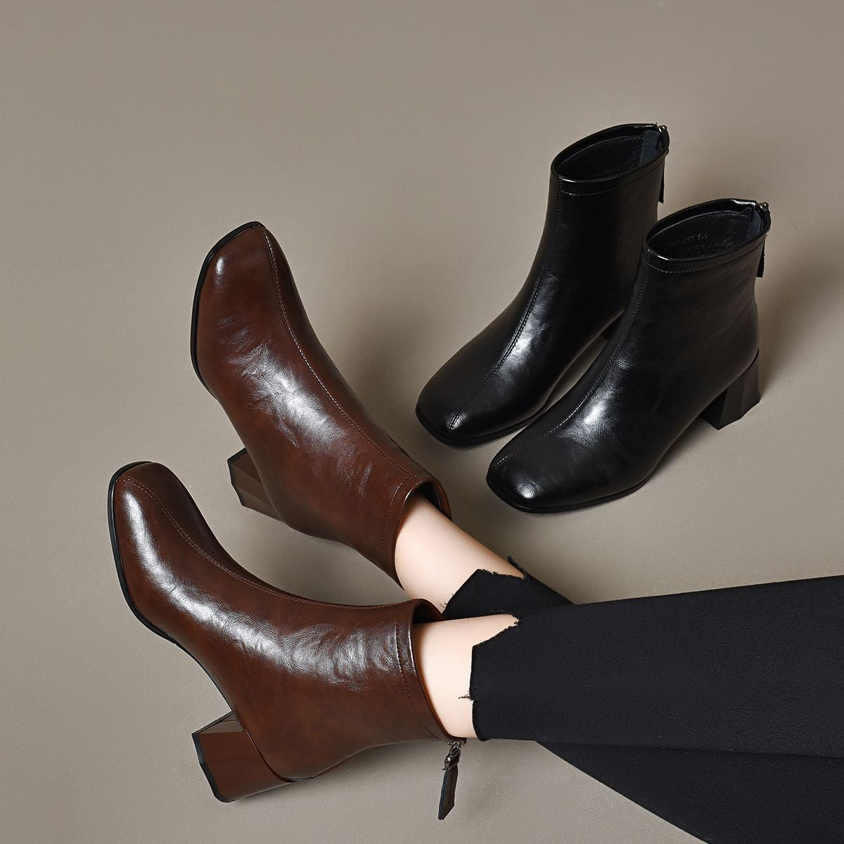 Women's Clutch Pattern Cowhide Mid Thick Middle Winter Soft Heels
