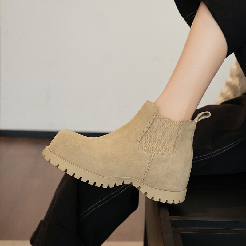 Women's Spring Matte Smoke Pipe Chunky Ankle Platform Women's Leather Boots