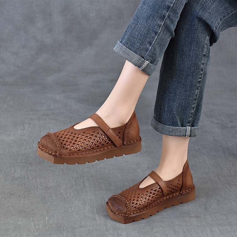 Women's Hollow Square Toe Breathable With First Layer Retro Holes In Sandals