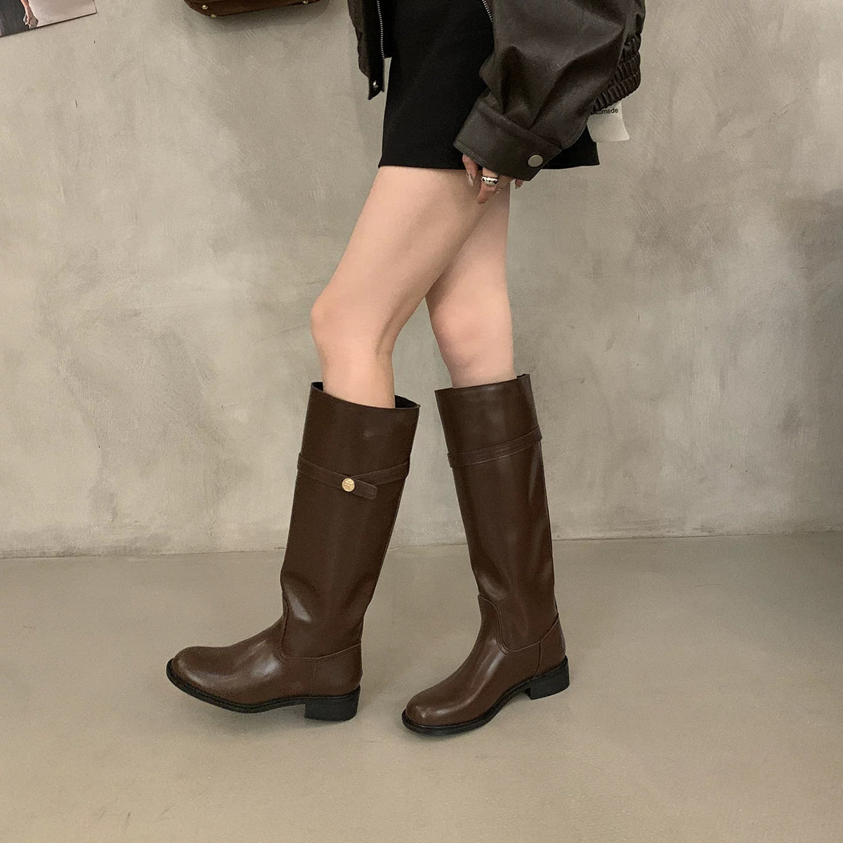 Women's Cowhide Small Gold Coin Chunky Platform Women's Leather Boots