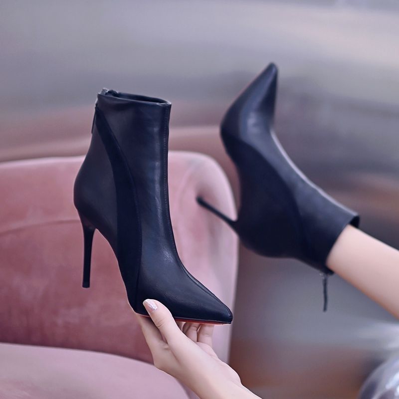 Women's & Men's Black Fleece-lined Skinny Pointed Toe Back Zipper Boots