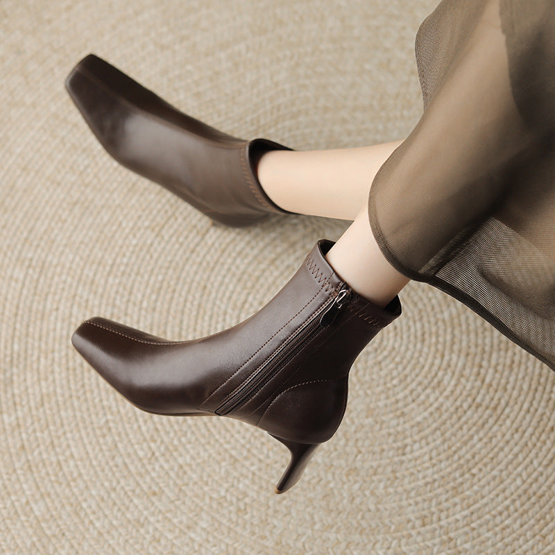 Women's Toe Chunky Mid Side Zipper Short Boots