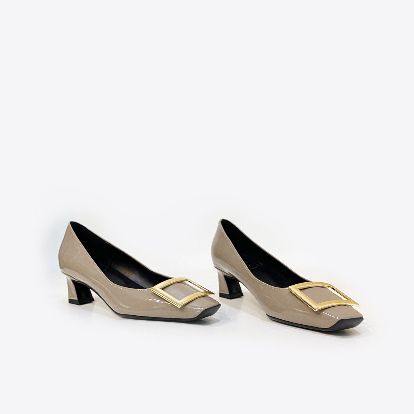 Spring Patent Square Buckle High Medium Chunky Workplace Commuter Shallow Heels
