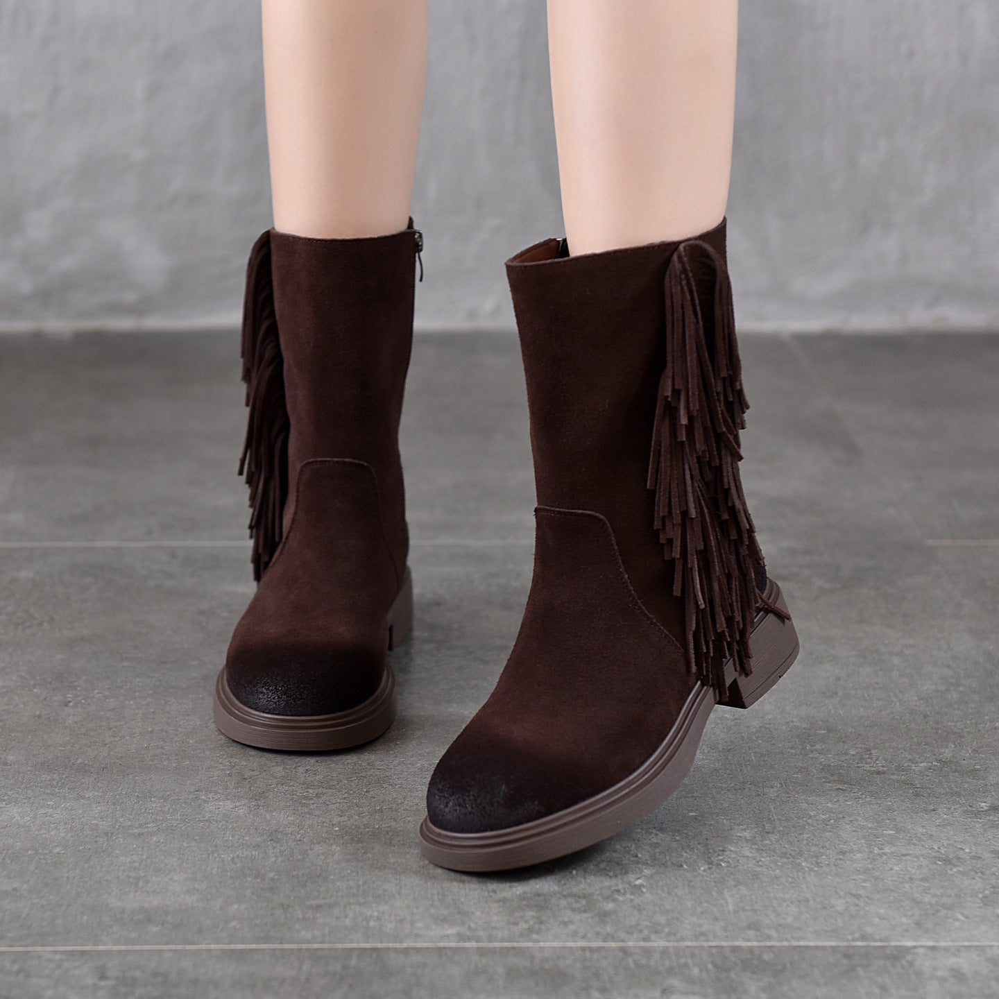 Women's Tassel Mid Genuine Fashion Round Toe Cowhide Women's Leather Boots